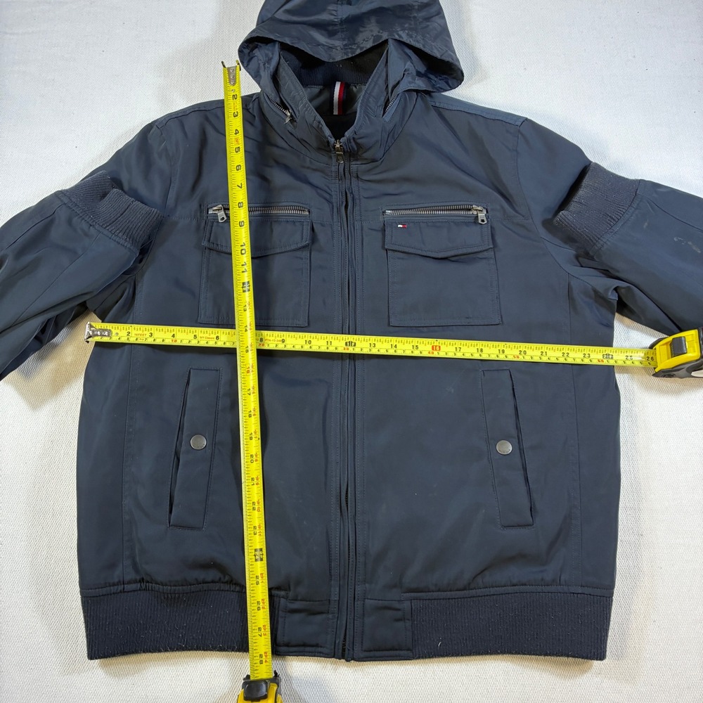 Tommy Hilfiger Jacket Mens XL Navy Blue Hooded Bomber Puffer Full Zip Heavy Coat - Picture 8 of 13